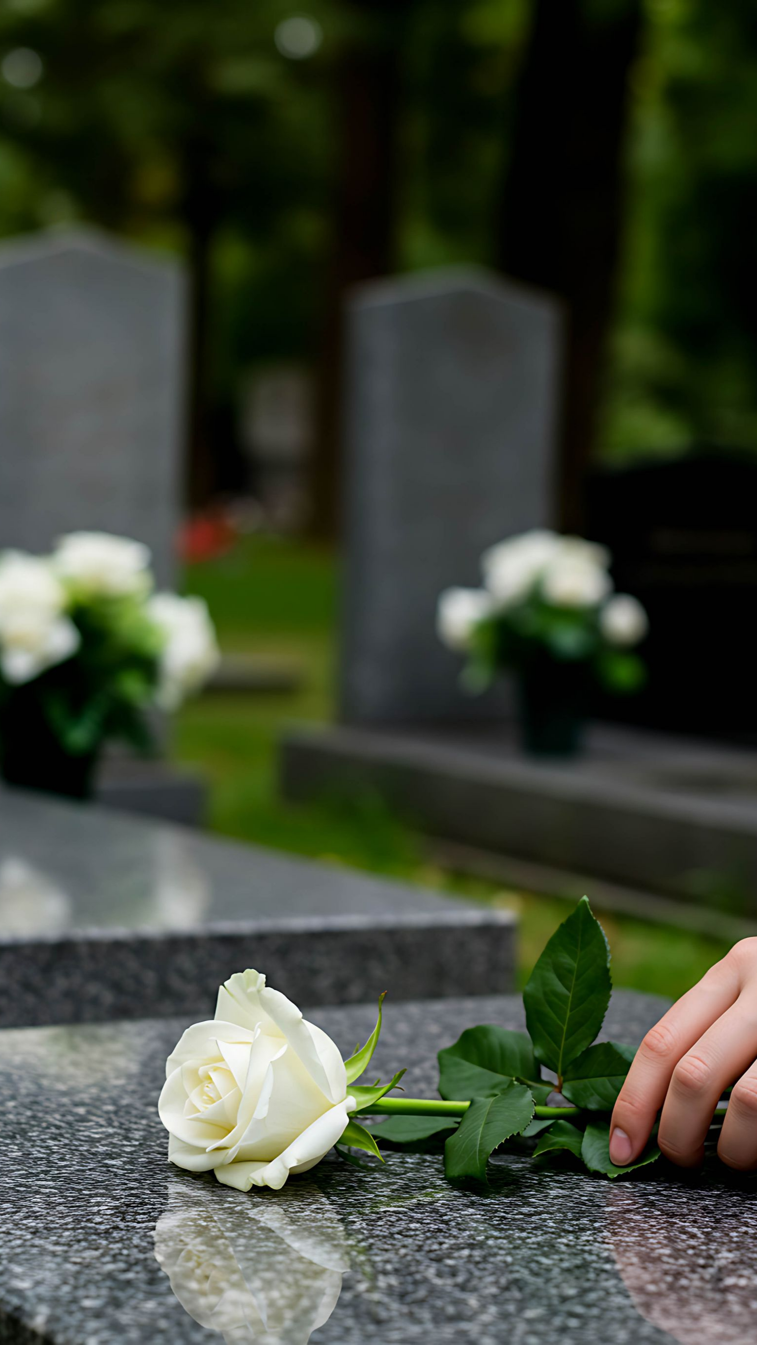 Une main dépose une rose blanche sur une pierre tombale en granit dans un cimetière ; d'autres tombes et fleurs sont visibles en arrière-plan.