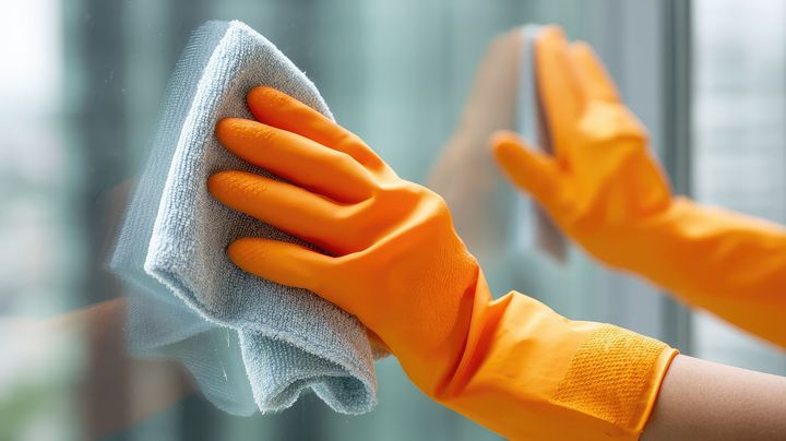 Des mains gantées orange essuient une vitre avec un chiffon bleu.