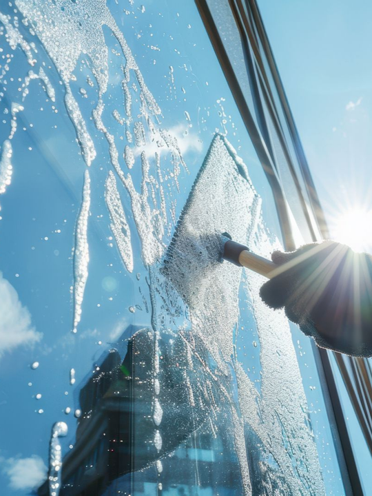 Une personne passe une raclette sur une vitre, créant des traces de savon, avec un paysage urbain et un ciel visibles à l'extérieur.