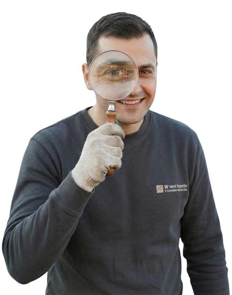 Un artisan souriant regarde à travers une loupe.