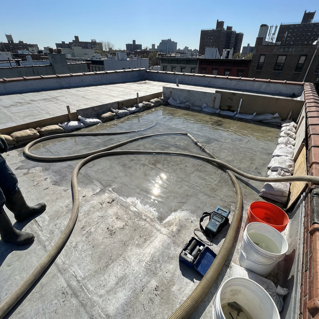 Mise en eau d'une toiture plate : un long tuyau d'eau simule une fuite.