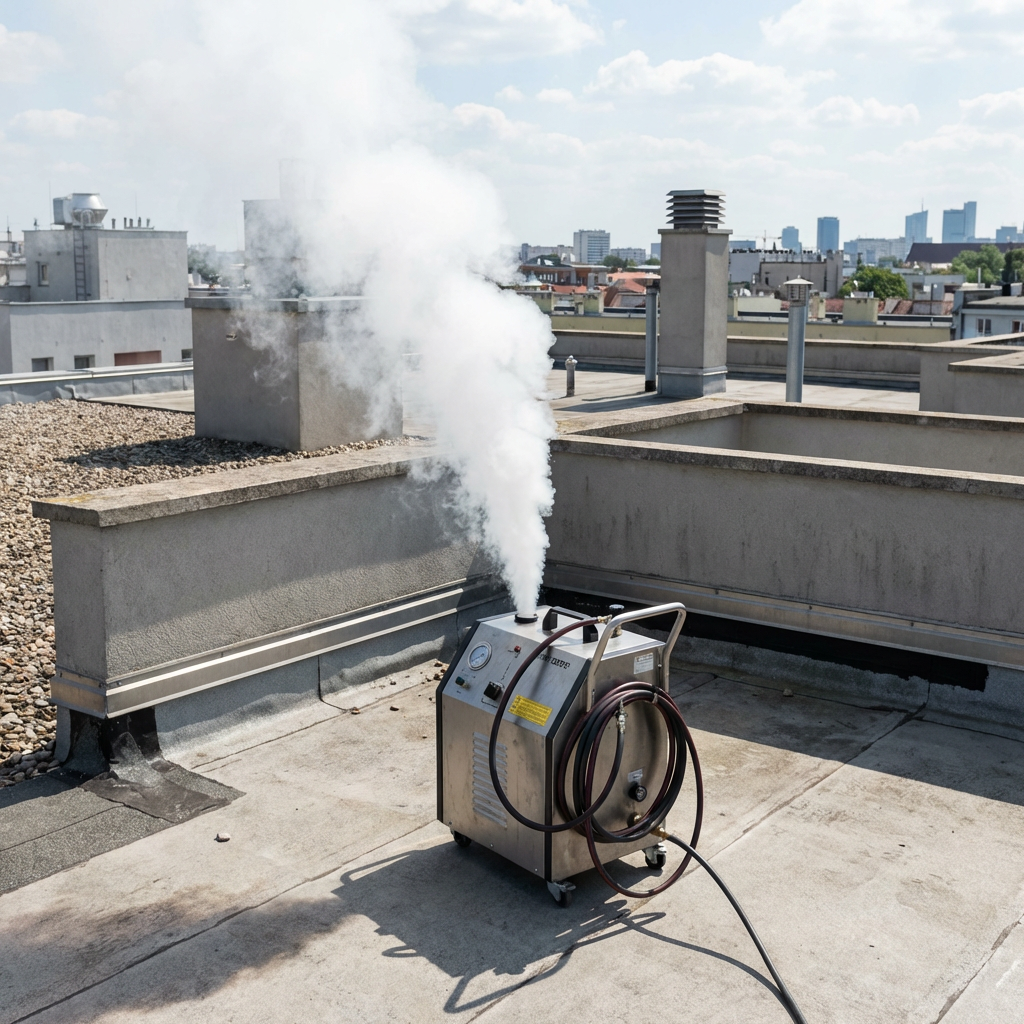 Une machine à fumée sur une toiture-terrasse.
