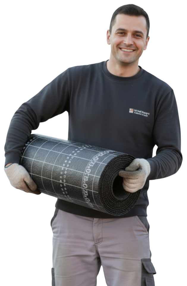 Un artisan tient un rouleau d'étanchéité bitumineuse dans ses bras.