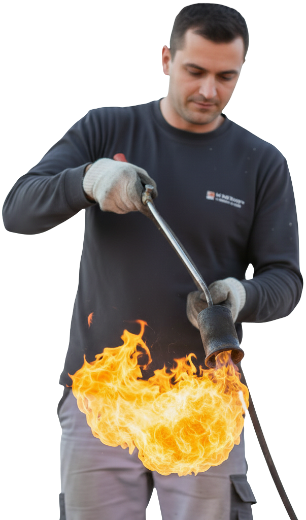 Un artisan étancheur qui tient un chalumeau.