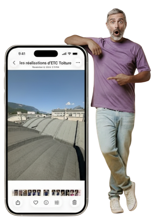 Un homme montre du doigt un téléphone avec une photo d'un toit-terrasse voûtée.