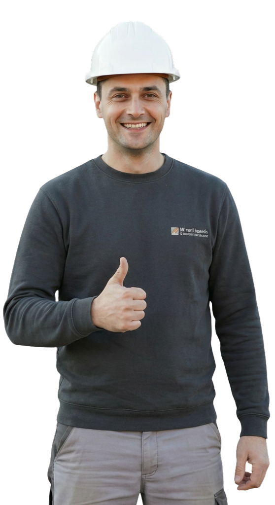 Un artisan souriant portant un casque de chantier.