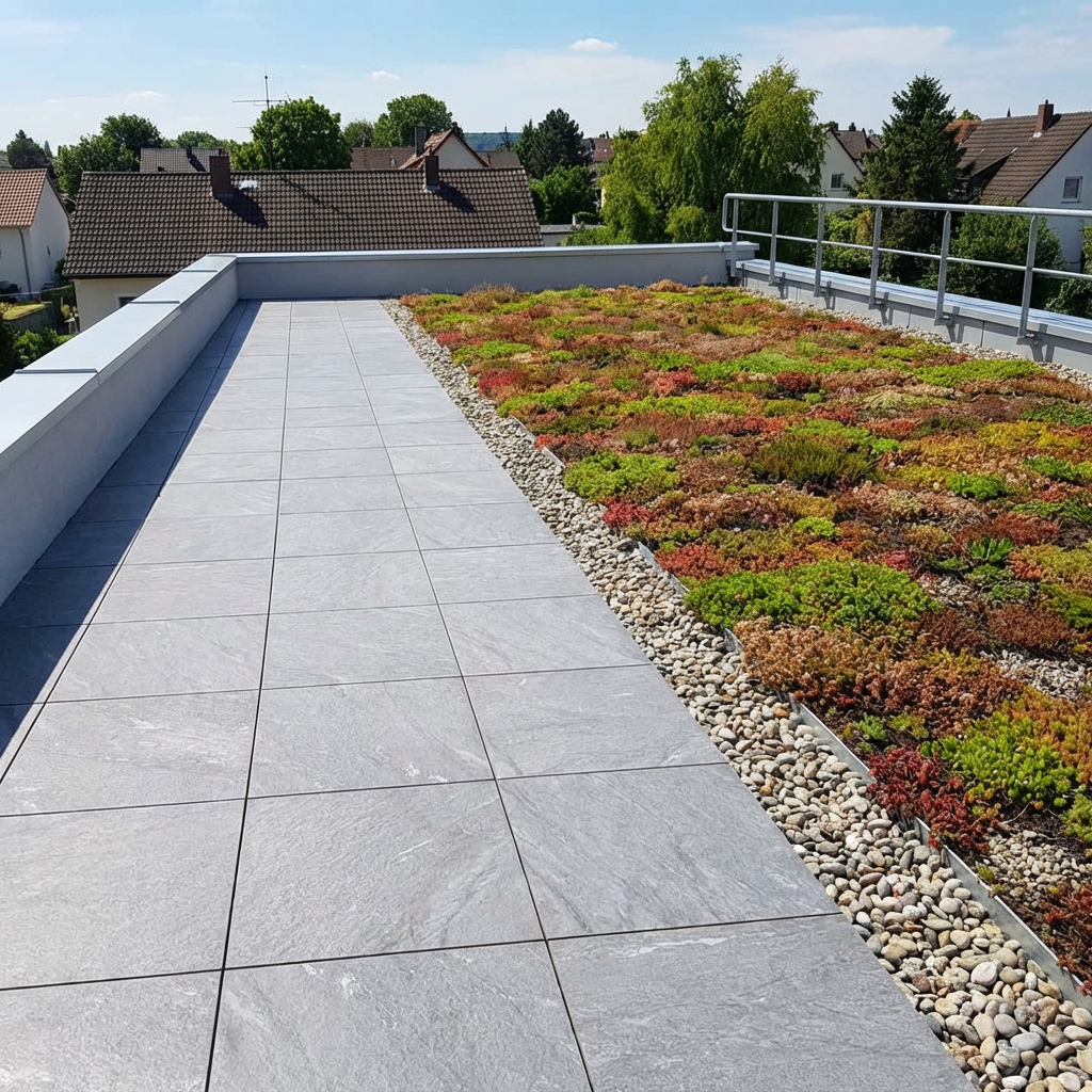 Une terrasse sur le toit, pavée de dalles de pierre grise, jouxte un jardin de sedums verdoyant et une bordure de gravier.