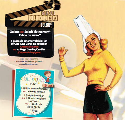 Tableau des menus : menu cinéma 19.60€, menu enfant 8,90 €. Une femme coiffée d’une toque de chef indique le menu.