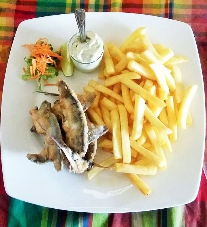 Poisson-frites servi sur une assiette blanche, avec sauce et petite salade.