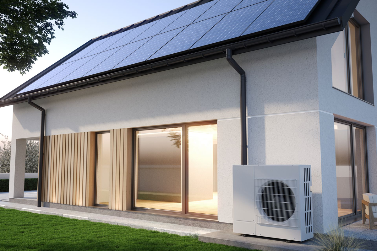 Une maison blanche moderne avec des panneaux solaires sur le toit et une pompe à chaleur extérieure à côté d'une porte-fenêtre donnant sur une terrasse.