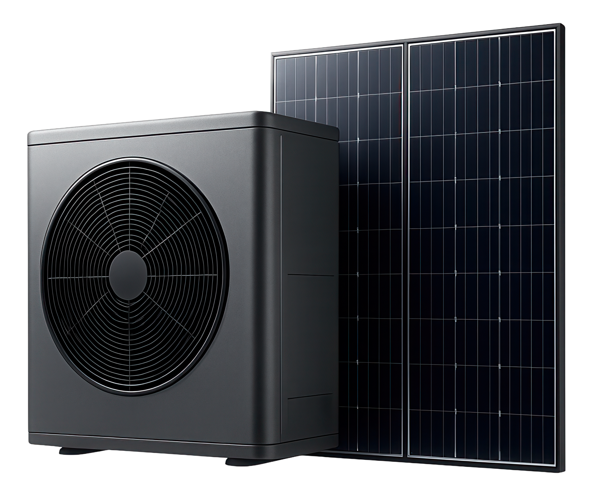 Une unité de pompe à chaleur air-air extérieure noire se dresse à côté d'un panneau solaire gris foncé.