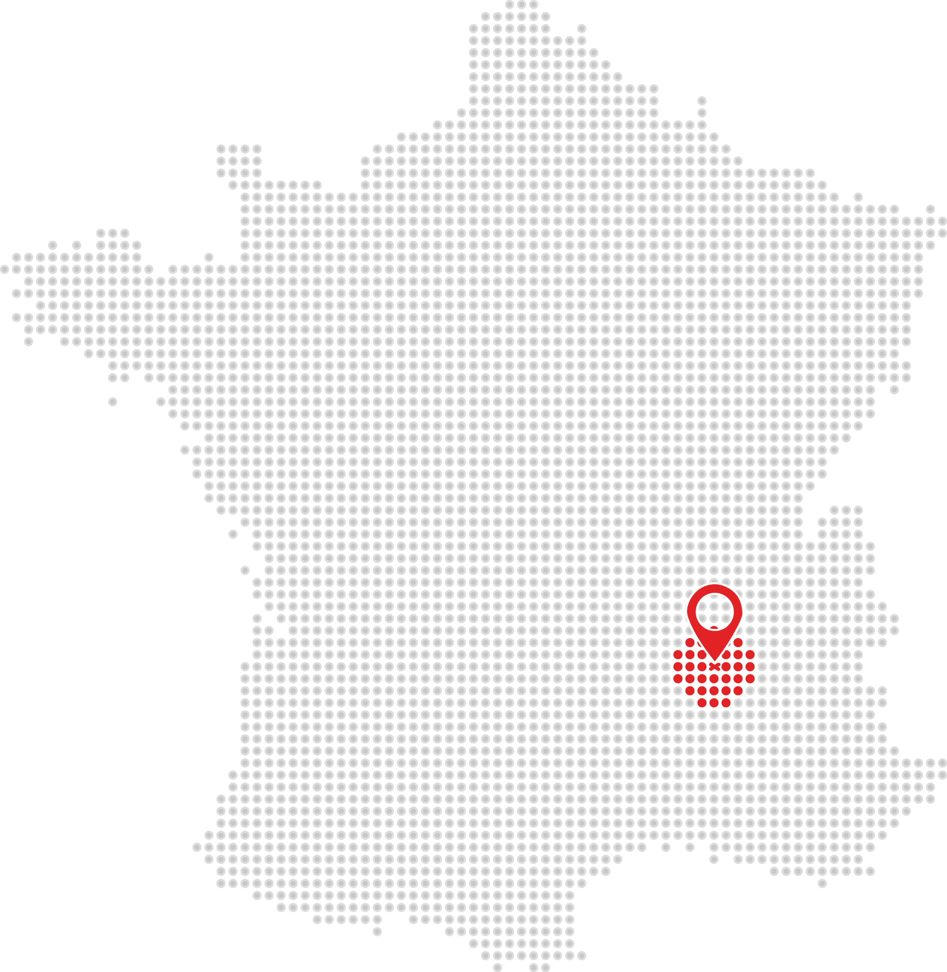 Une carte de France en pointillés, avec une seule épingle rouge centrée dans la région sud-est.