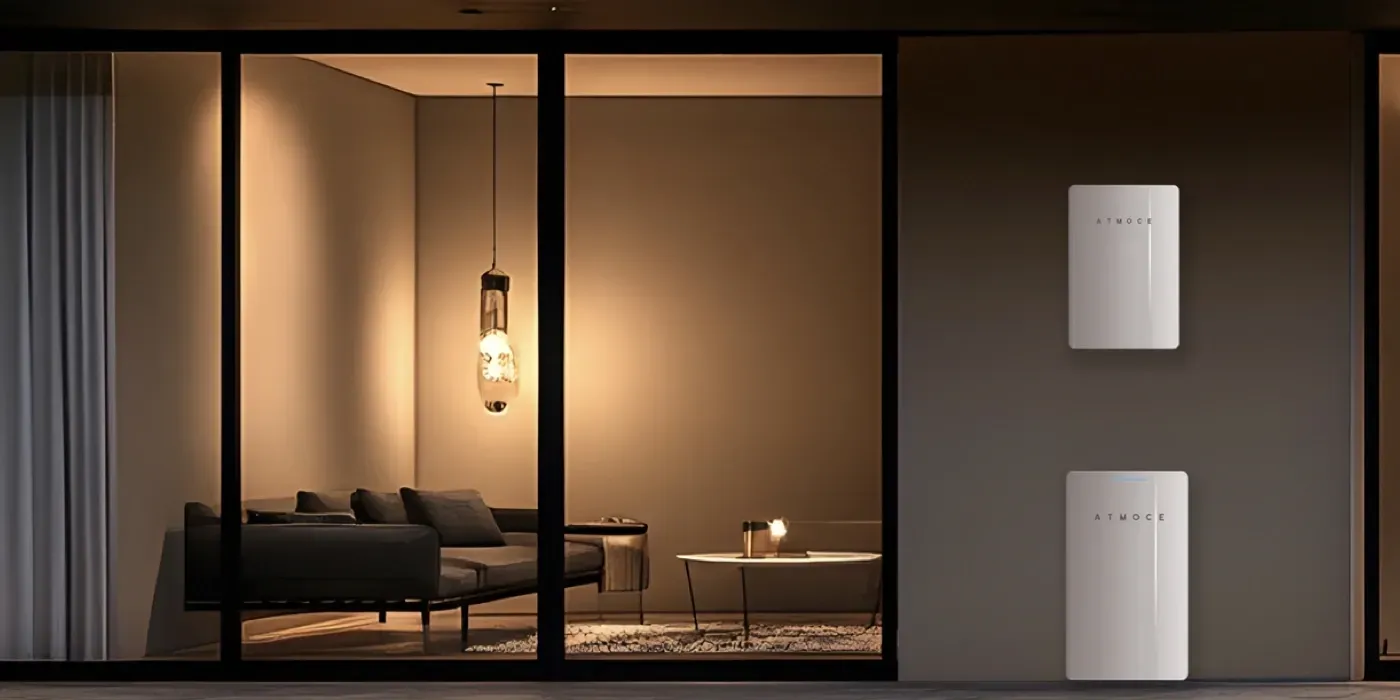 Deux batteries Tesla Powerwall blanches sont fixées sur un mur extérieur beige, à côté d'une grande fenêtre donnant sur un salon moderne.