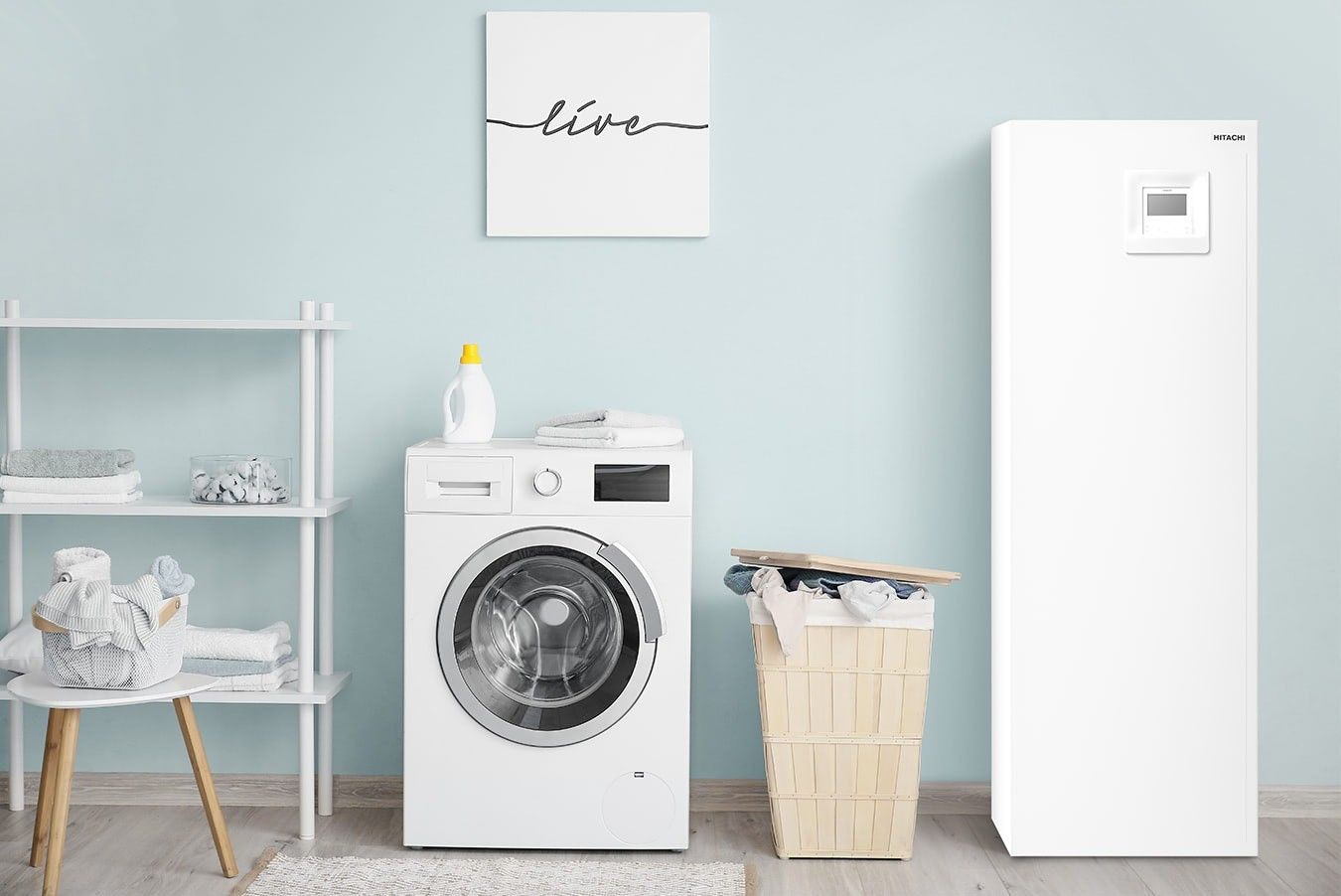 Une buanderie avec une machine à laver blanche, un panier à linge en osier, une étagère et une grande unité de climatisation blanche.