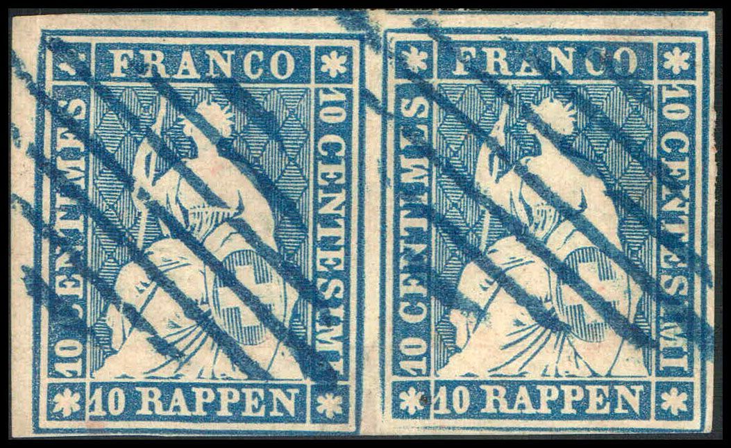 Ein Satz von vier lila Pax-Briefmarken von Helvetia