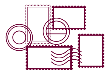 Eine Strichzeichnung einer Briefmarke und eines Stück Papiers mit einem Häkchen darauf.