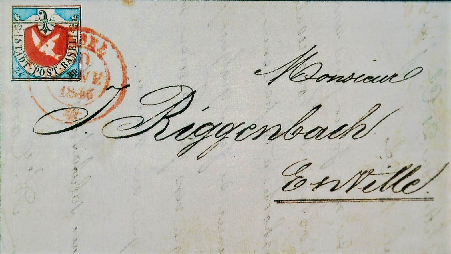 Eine Postkarte mit einem rot-weiß-blau gestreiften Umschlag.