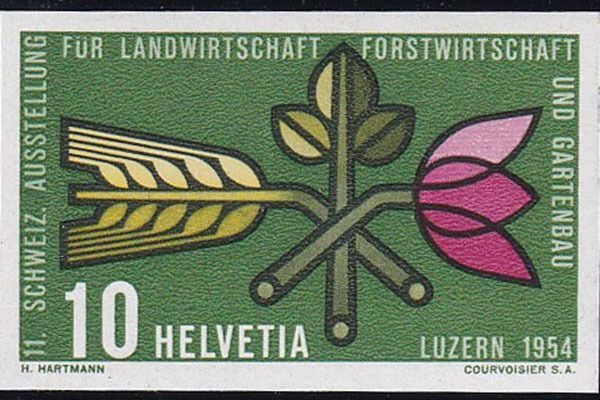 Eine Briefmarke von Helvetia zeigt eine Blume und eine Weizenähre