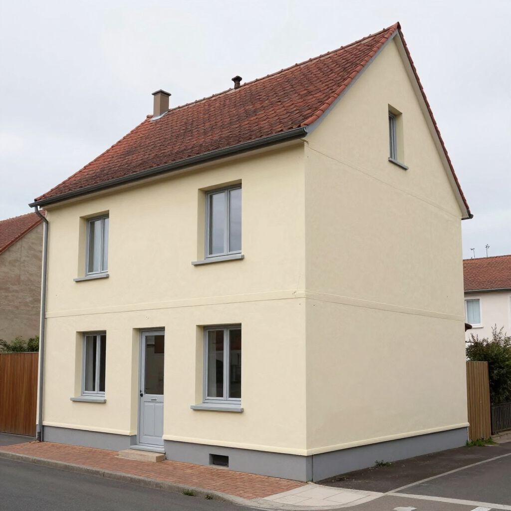 Maison crème à deux étages, avec un toit en tuiles rouges, à l’angle d’une rue tranquille