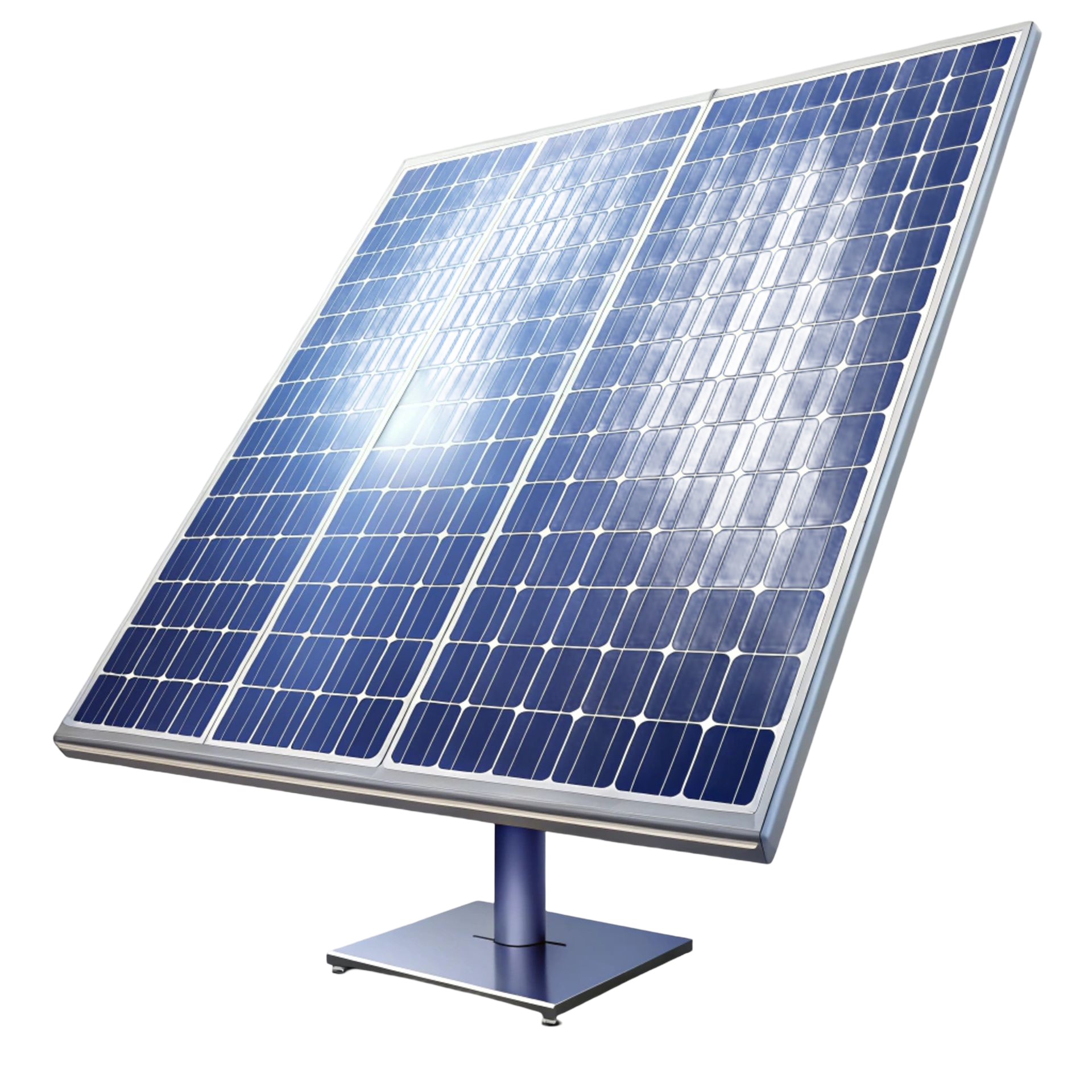 Panneau solaire bleu incliné sur un support métallique, sur fond blanc