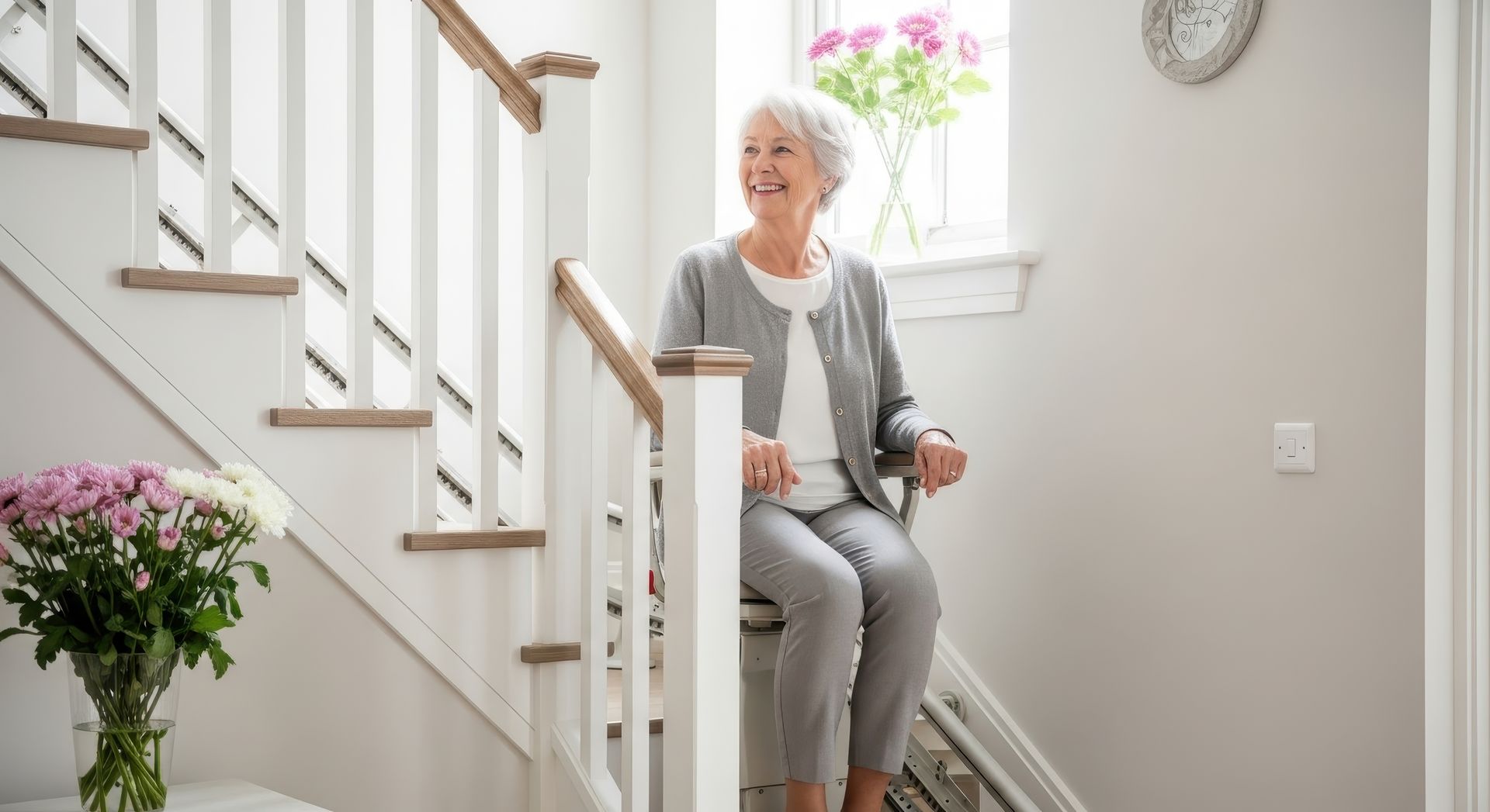 Personne âgée assise sur un monte-escalier