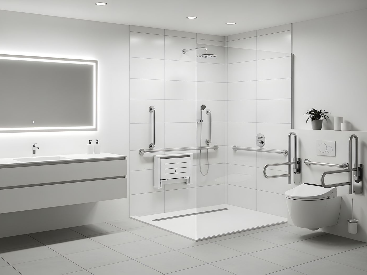Salle de bains moderne blanche avec douche à l’italienne vitrée, double vasque et toilettes avec barres d’appui
