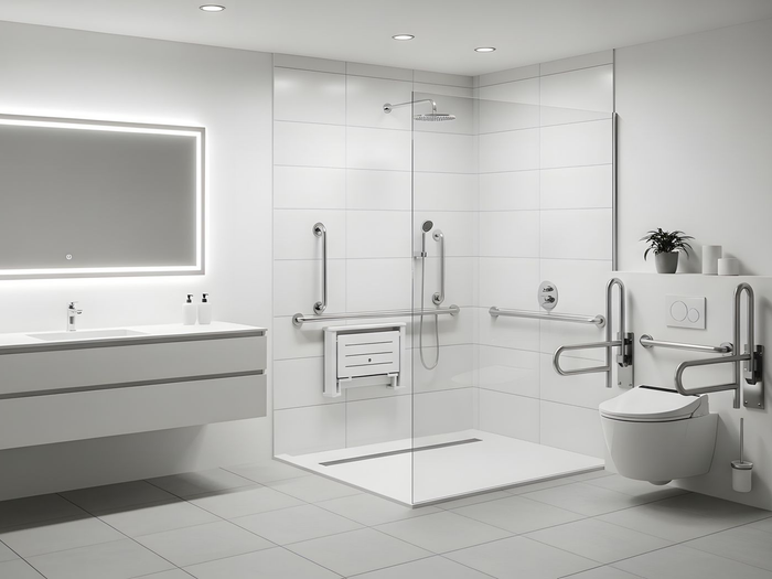 Salle de bains moderne blanche avec douche à l’italienne vitrée, double vasque et toilettes avec barres d’appui