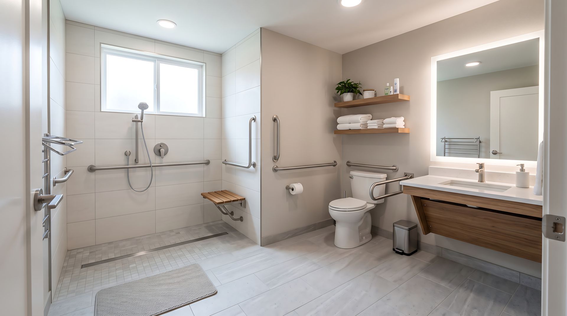 Salle de bains moderne et lumineuse avec douche à l’italienne, toilettes, lavabo sur meuble, miroir et étagère en bois.