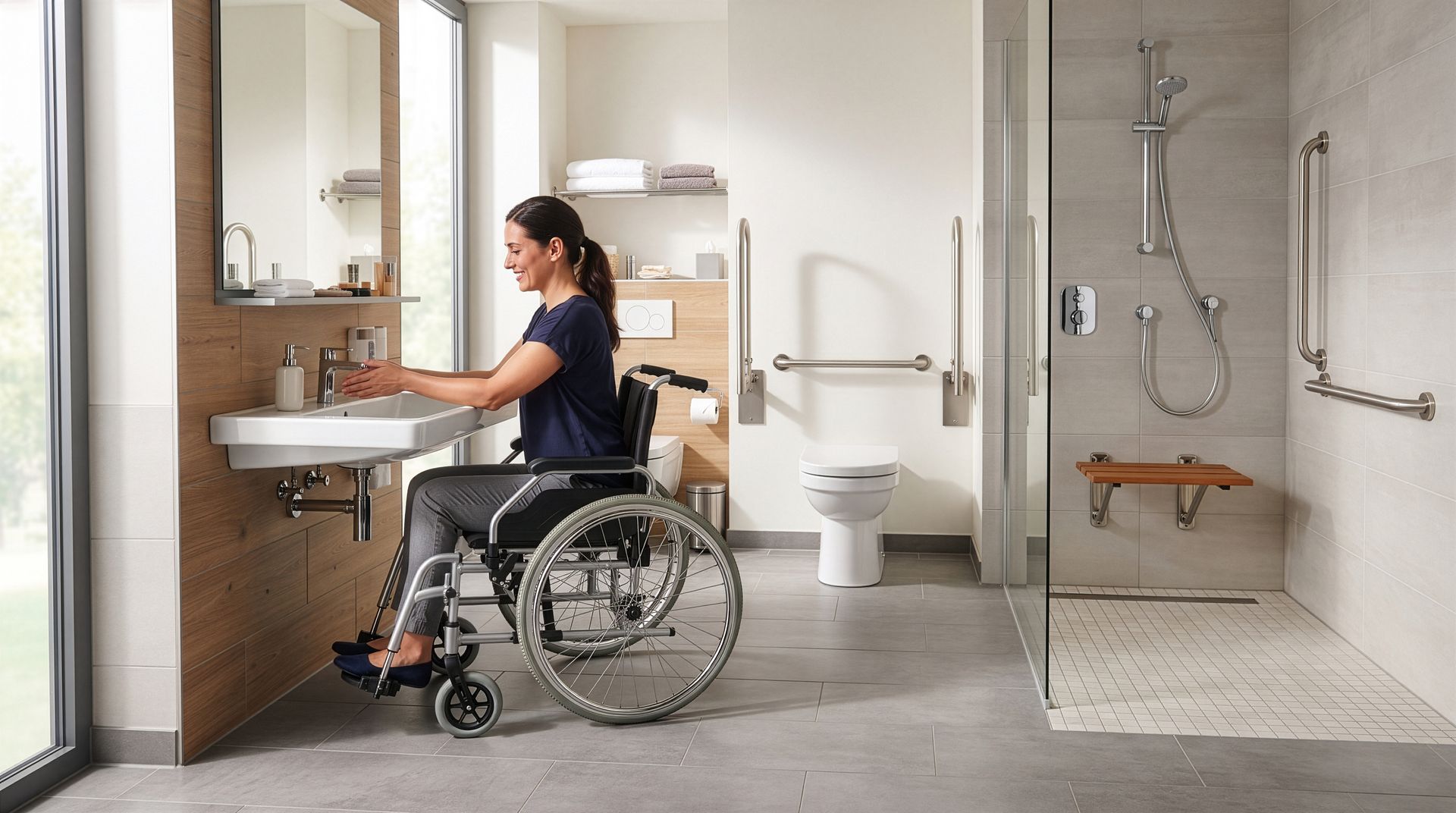 Personne en fauteuil roulant utilisant un lavabo dans une salle de bains moderne adaptée aux personnes à mobilité réduite, avec une douche sans ressaut à proximité.