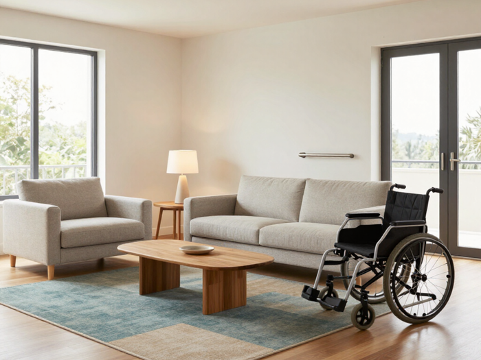 Salon lumineux avec canapé, baies vitrées et fauteuil roulant