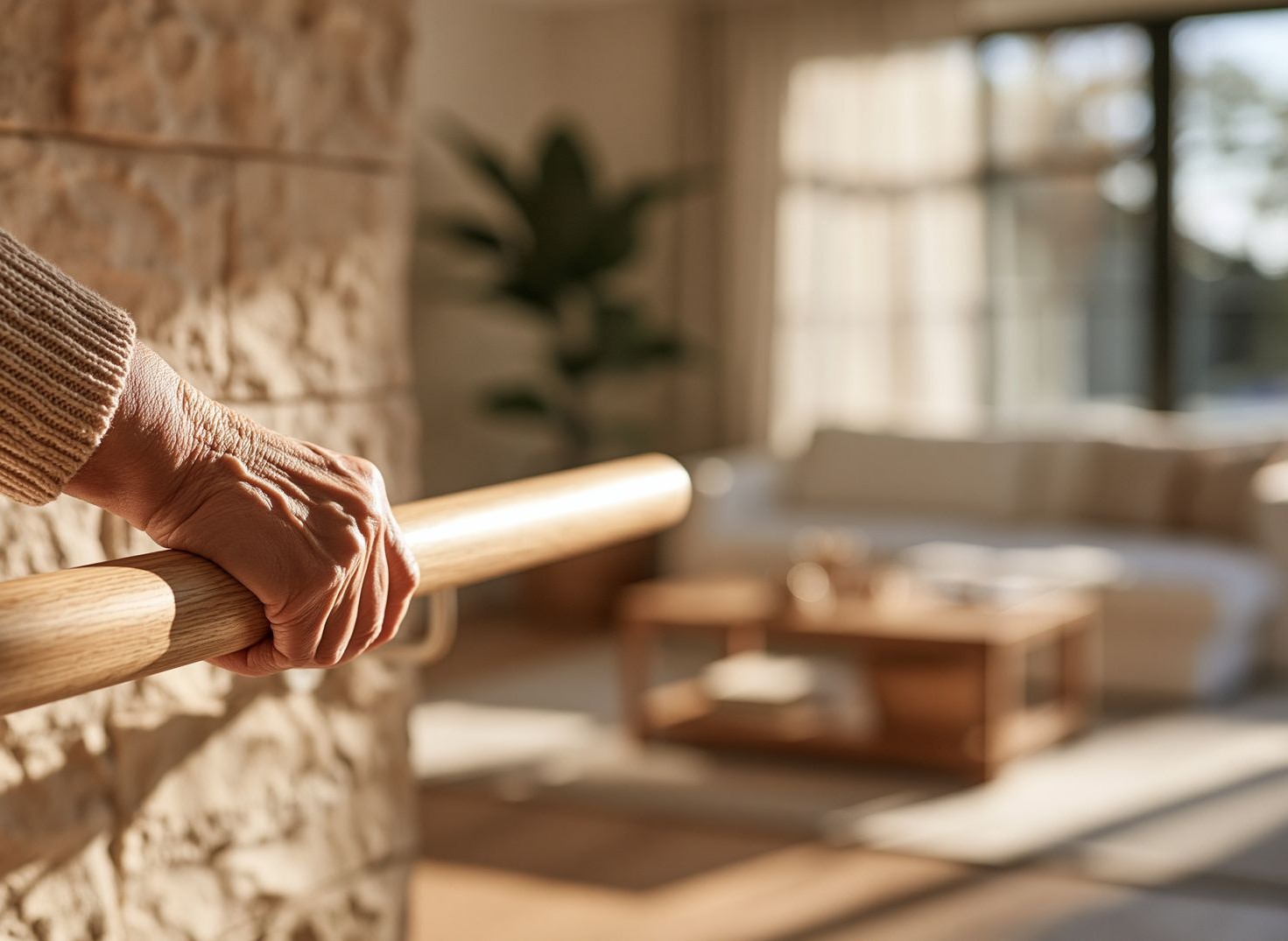 Une main tenant une rampe en bois dans un salon baigné de soleil, avec un canapé et une table basse flous en arrière-plan