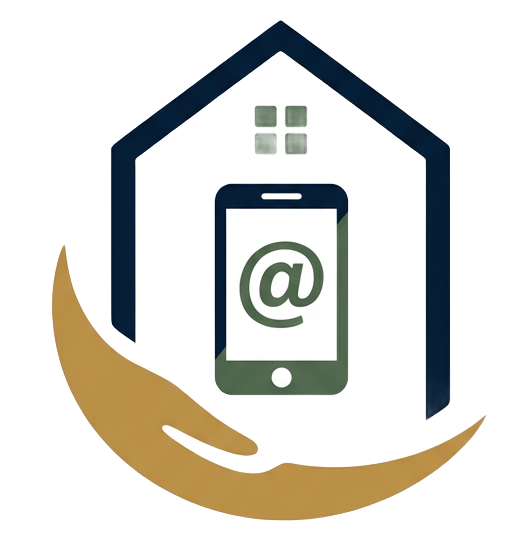 Contour de maison avec un smartphone affichant le symbole arobase