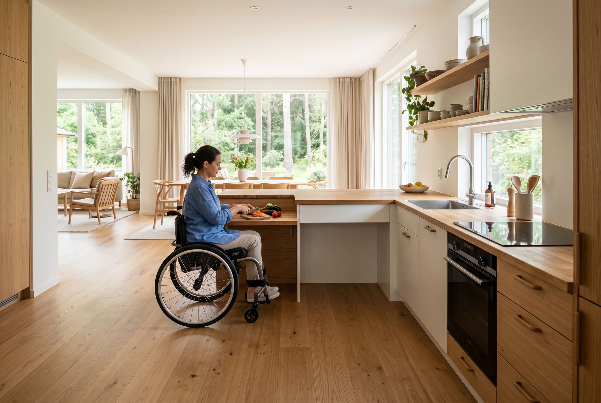 Personne en fauteuil roulant devant un îlot de cuisine dans une maison moderne et lumineuse