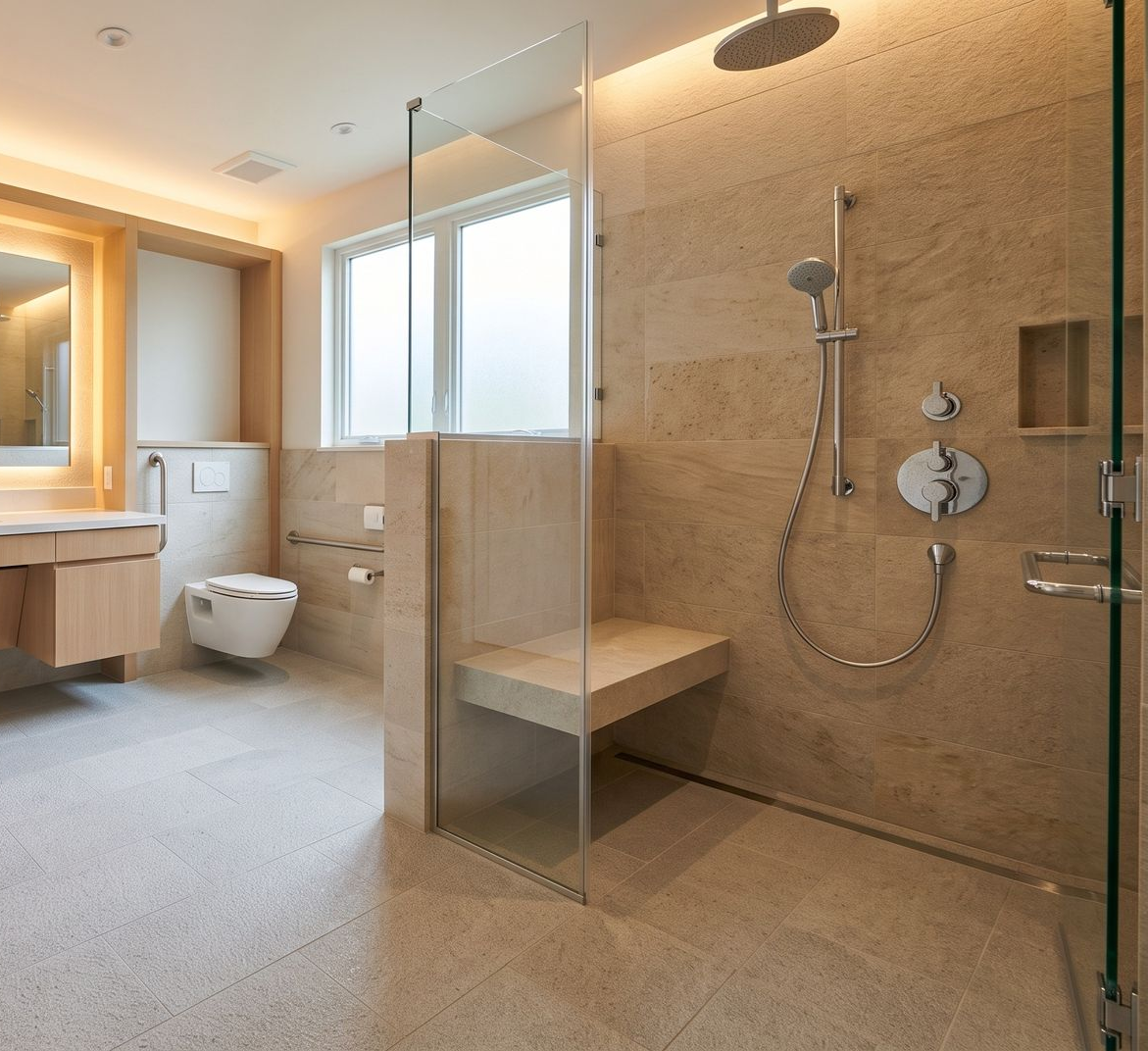 Douche à l'italienne avec carrelage, WC, barre de maintien