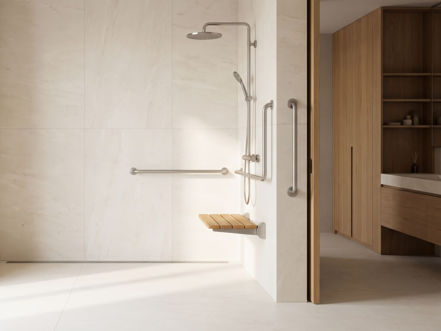 Salle de bains moderne avec douche à l’italienne vitrée, double vasque en bois