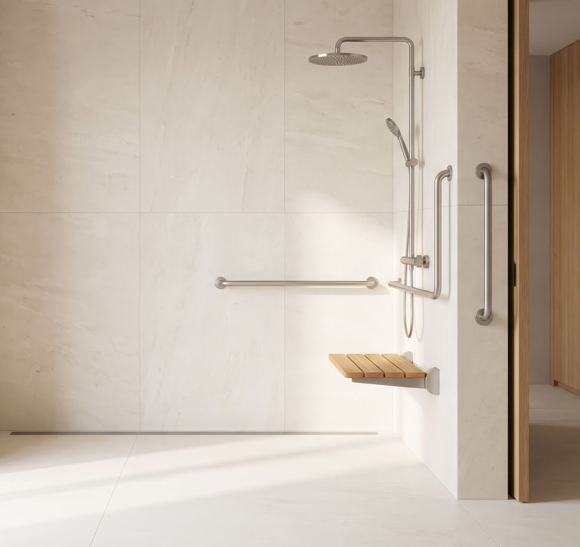 Une douche avec siège PMR en bois et rampes d'appui