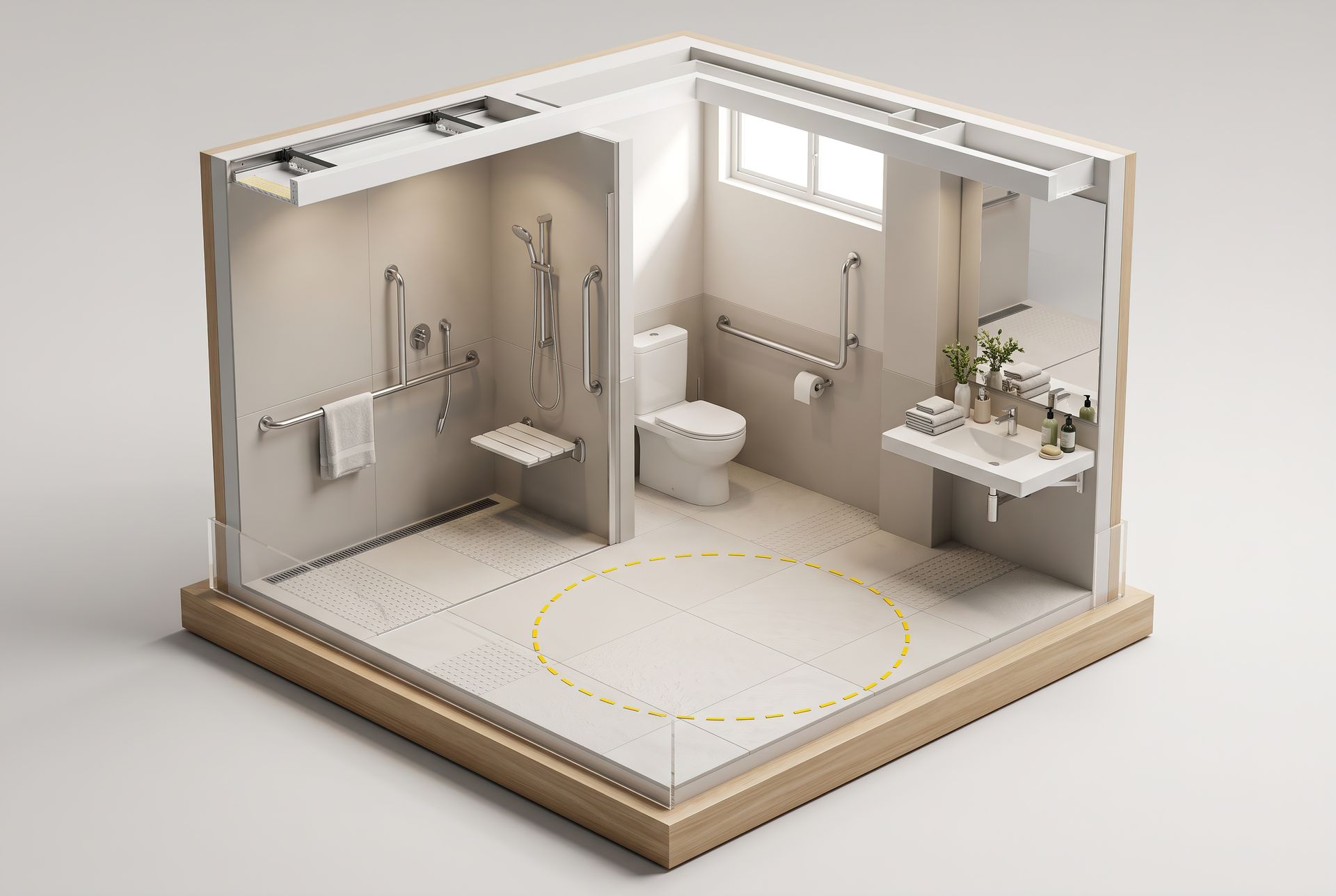 Plan en 3 D d'une salle de bains adaptable avec douche, wc, rampe de soutien