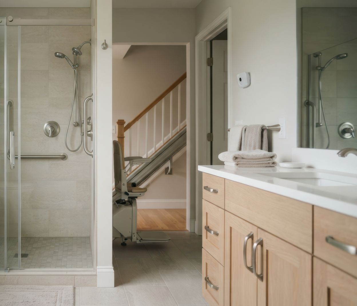 Salle de bains accessible avec douche, meuble vasque et monte-escalier menant à un escalier.