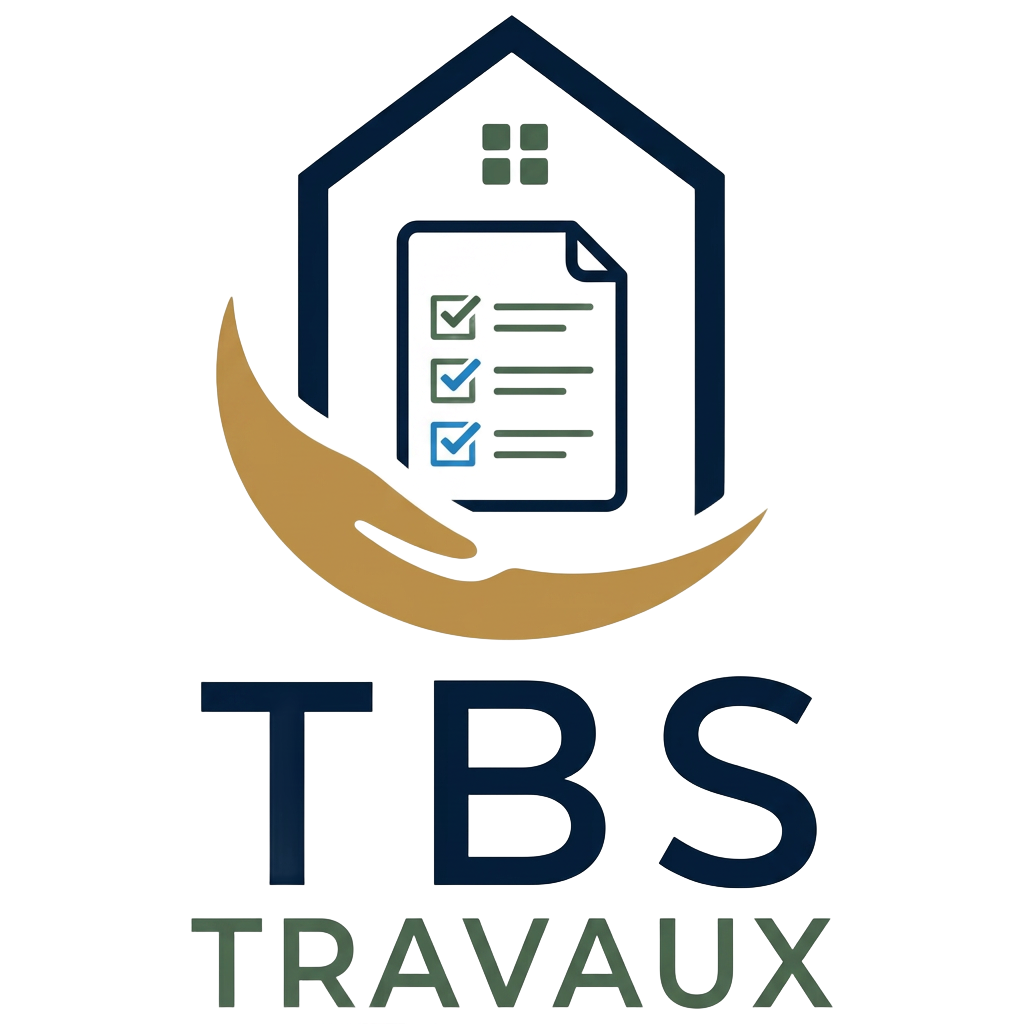 Logo pour TBS Travaux avec une maison, une liste de contrôle