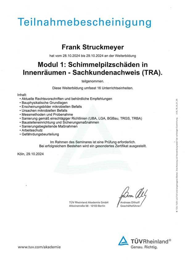 Eine Teilnahmebescheinigung zu einer Weiterbildung von Frank Struckmeyer