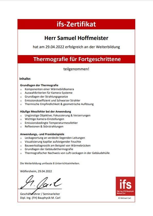 Ein ifs-zertifikat wird von herrn samuel hoffmeister unterzeichnet