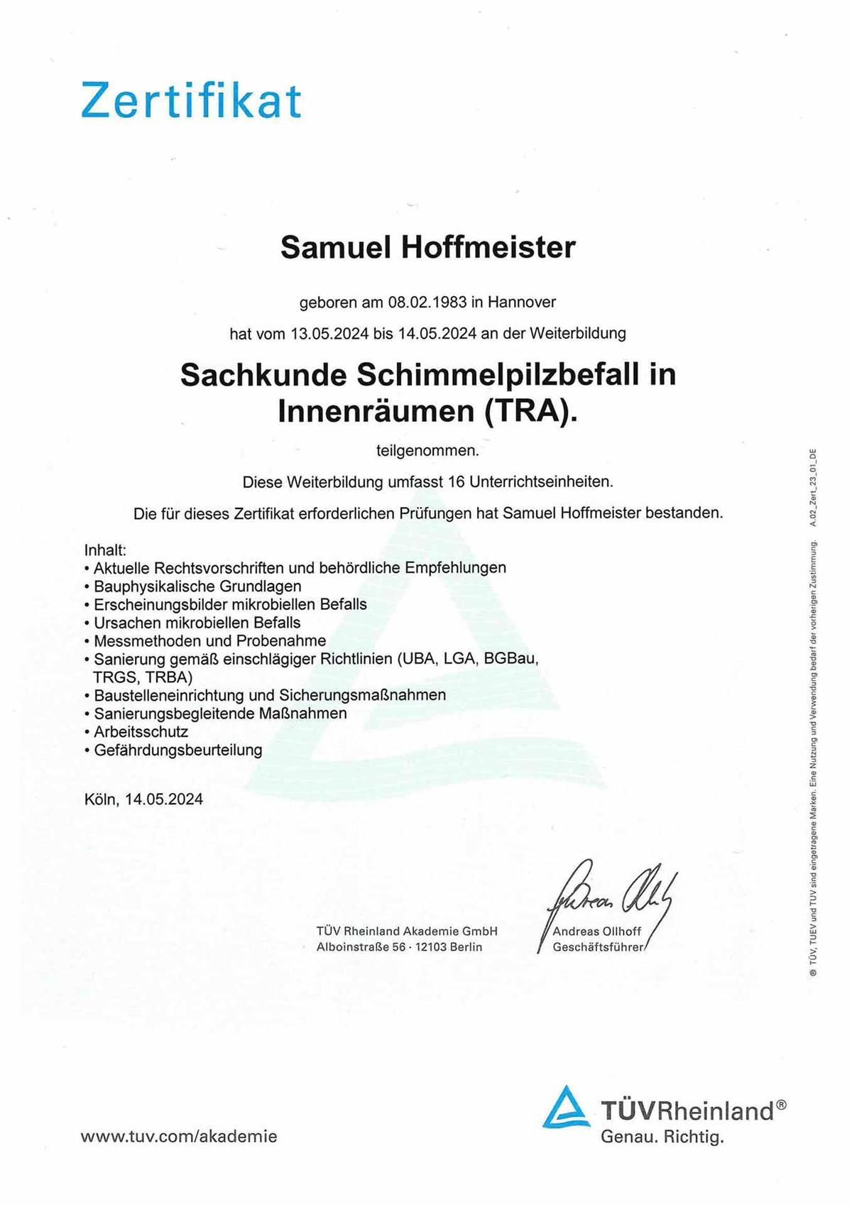 Ein Zertifikat, auf dem Samuel Hoffmeister steht