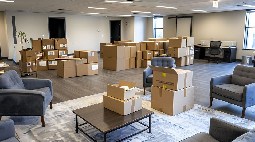Un bureau avec des cartons.