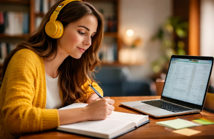 Una persona con un suéter amarillo y auriculares amarillos está sentada en un escritorio, tomando notas mientras mira una computadora portátil.