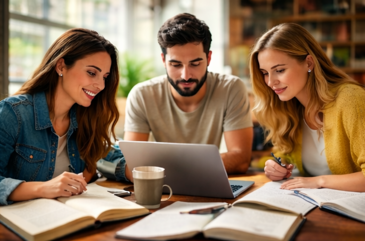 Tres personas sentadas a una mesa con libros y un ordenador portátil, estudiando juntas en una habitación bien iluminada.