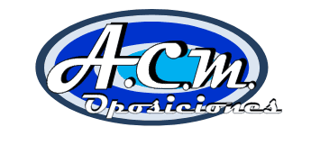 Logotipo con el texto "ACM Oposiciones" en letra cursiva blanca dentro de un &oacute;valo azul y azul claro.