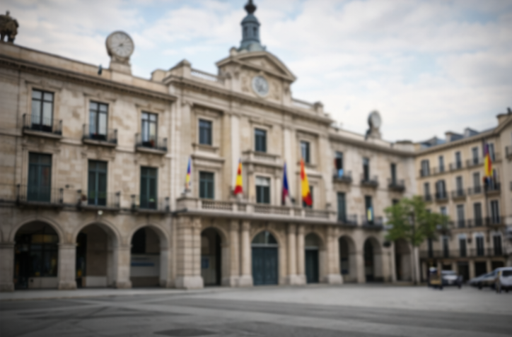 El Ayuntamiento de Vitoria-Gasteiz, en España, es un edificio neoclásico con columnas y arcos de piedra que da a una plaza pavimentada.