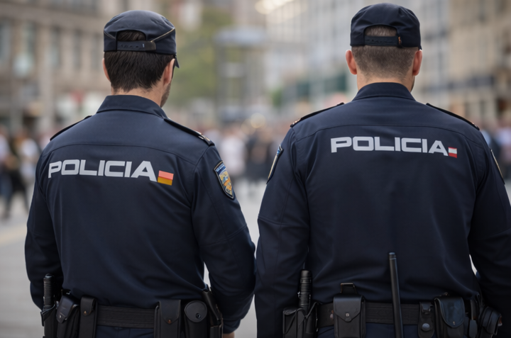 Dos agentes de policía con uniformes azul oscuro, vistos de espaldas, de pie en una zona pública al aire libre.