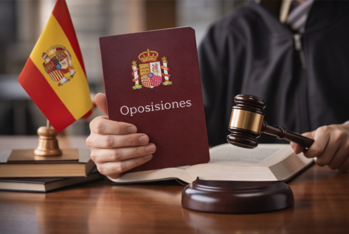 Una mano sostiene un libro titulado Oposiciones junto a una bandera española y un mazo de juez sobre un escritorio de madera.