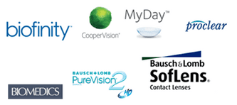 Varios logotipos para lentes de contacto, incluidos Biofinity MyDay y Proclear.